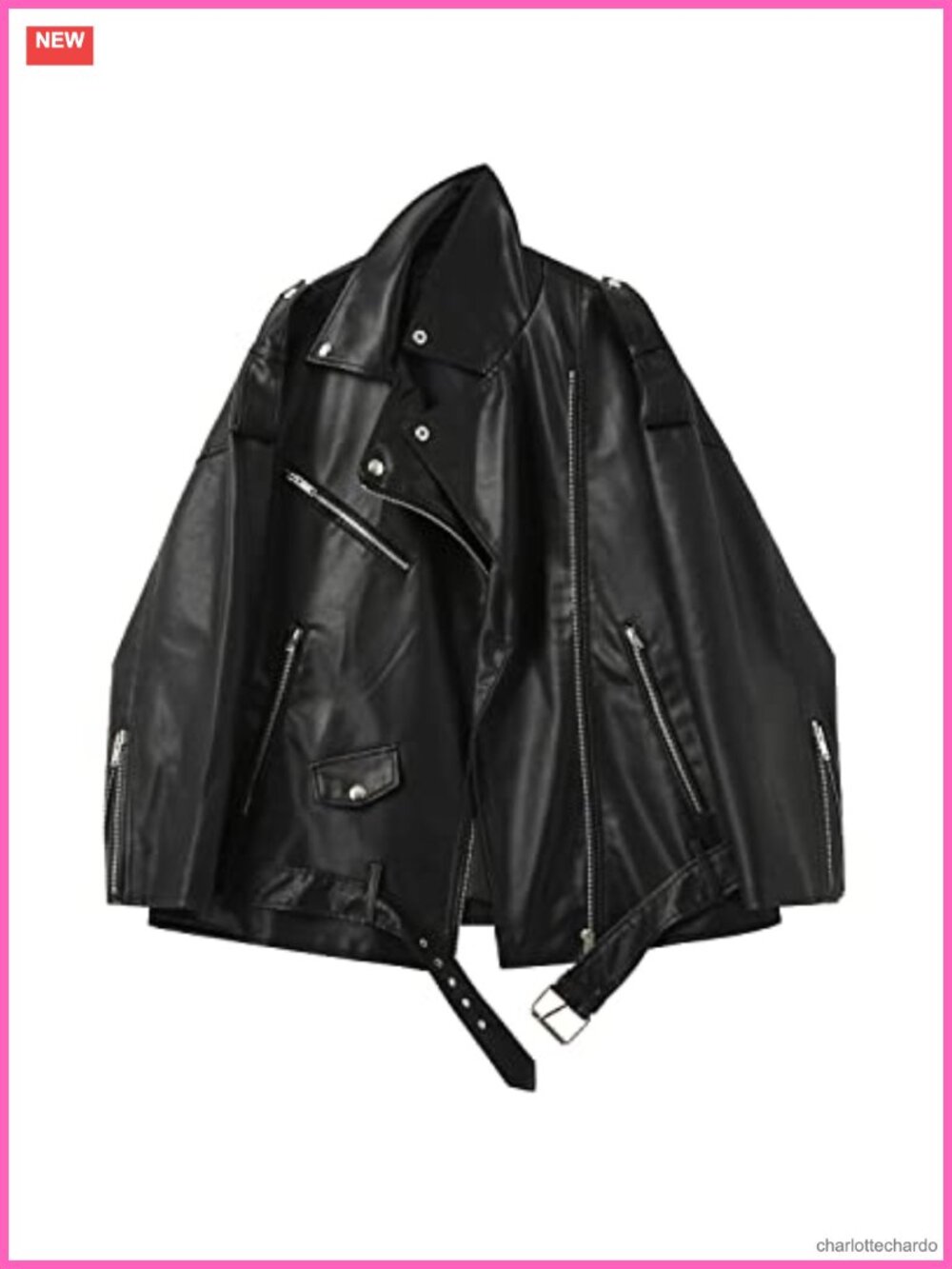 Faux Leather Moto Jacket Lapel Collar Zip Up Loose Fit Biker Coat
